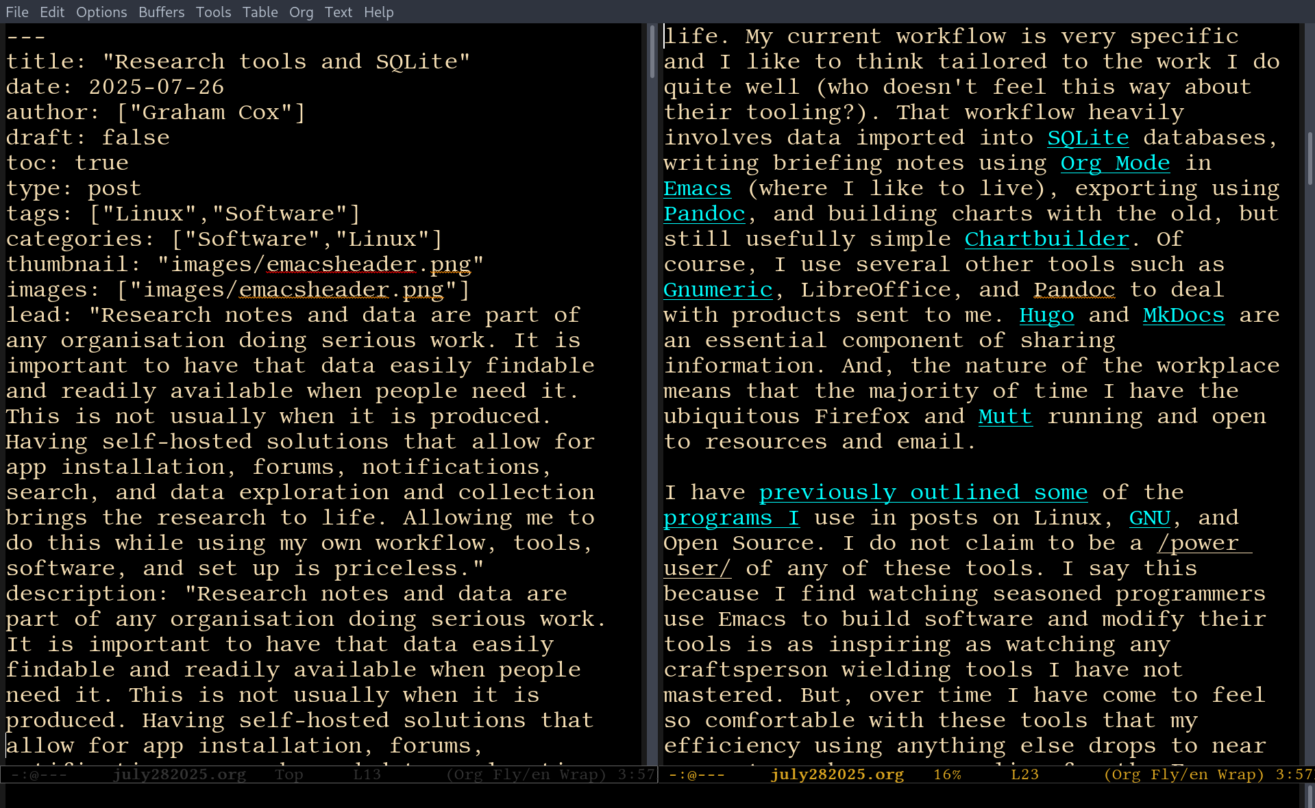 Research tools, Emacs, SQLite, and self-hosting briefing notes